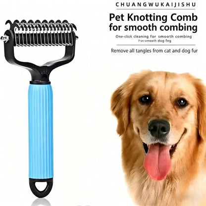 Double-Sided Pet Detangling Comb and Grooming Brush for Dogs and Cats with One-Click Undercoat Rake for Shedding and Mats