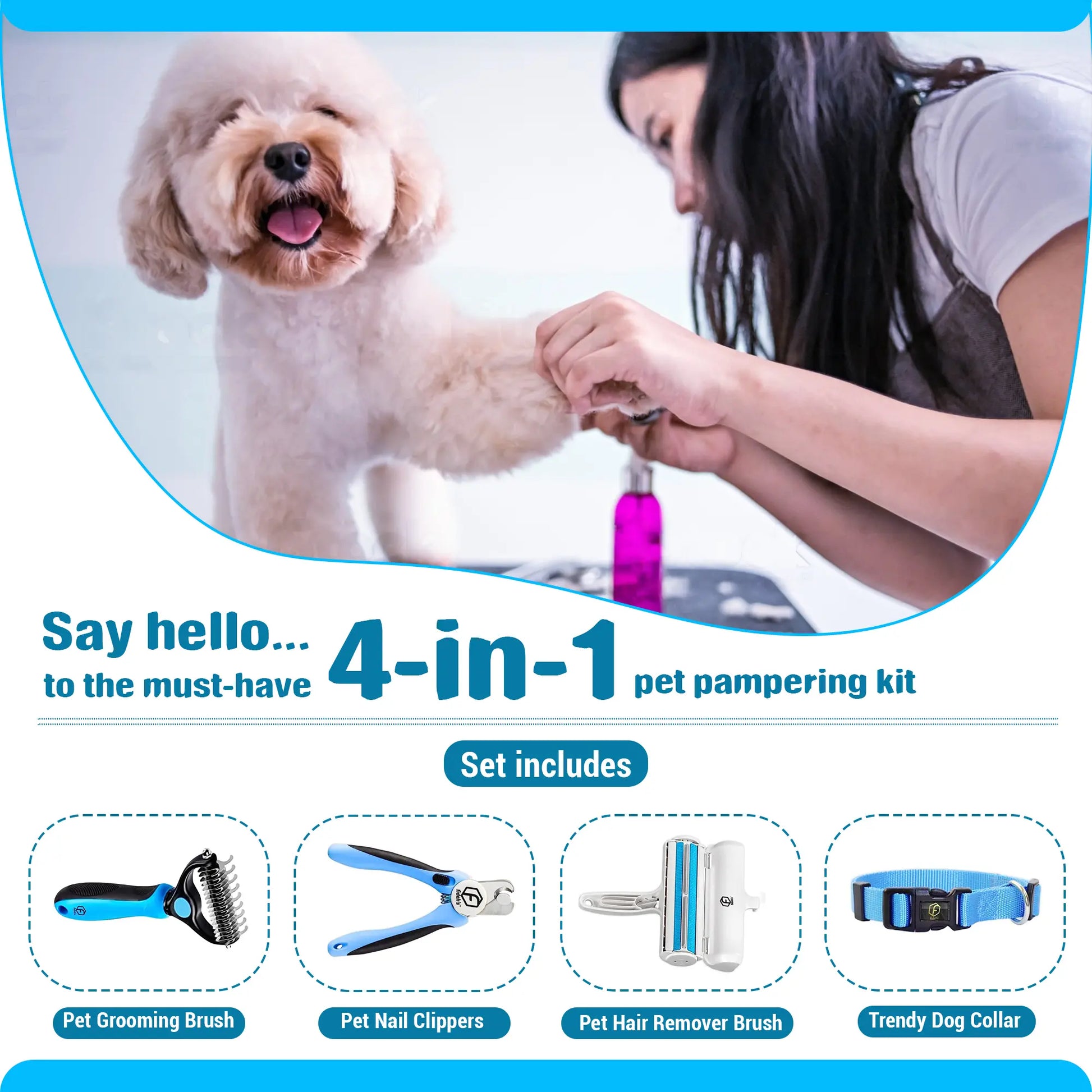 FIDEH 4-in-1 Pet Care Set: Reusable Cat and Dog Hair Remover Brush, Double-Sided Grooming Brush, Nail Clippers and Trimmers, and Nylon Collar for Medium Dogs (Pink, 4 Pieces)