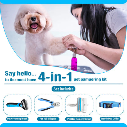 FIDEH 4-in-1 Pet Care Set: Reusable Cat and Dog Hair Remover Brush, Double-Sided Grooming Brush, Nail Clippers and Trimmers, and Nylon Collar for Medium Dogs (Pink, 4 Pieces)