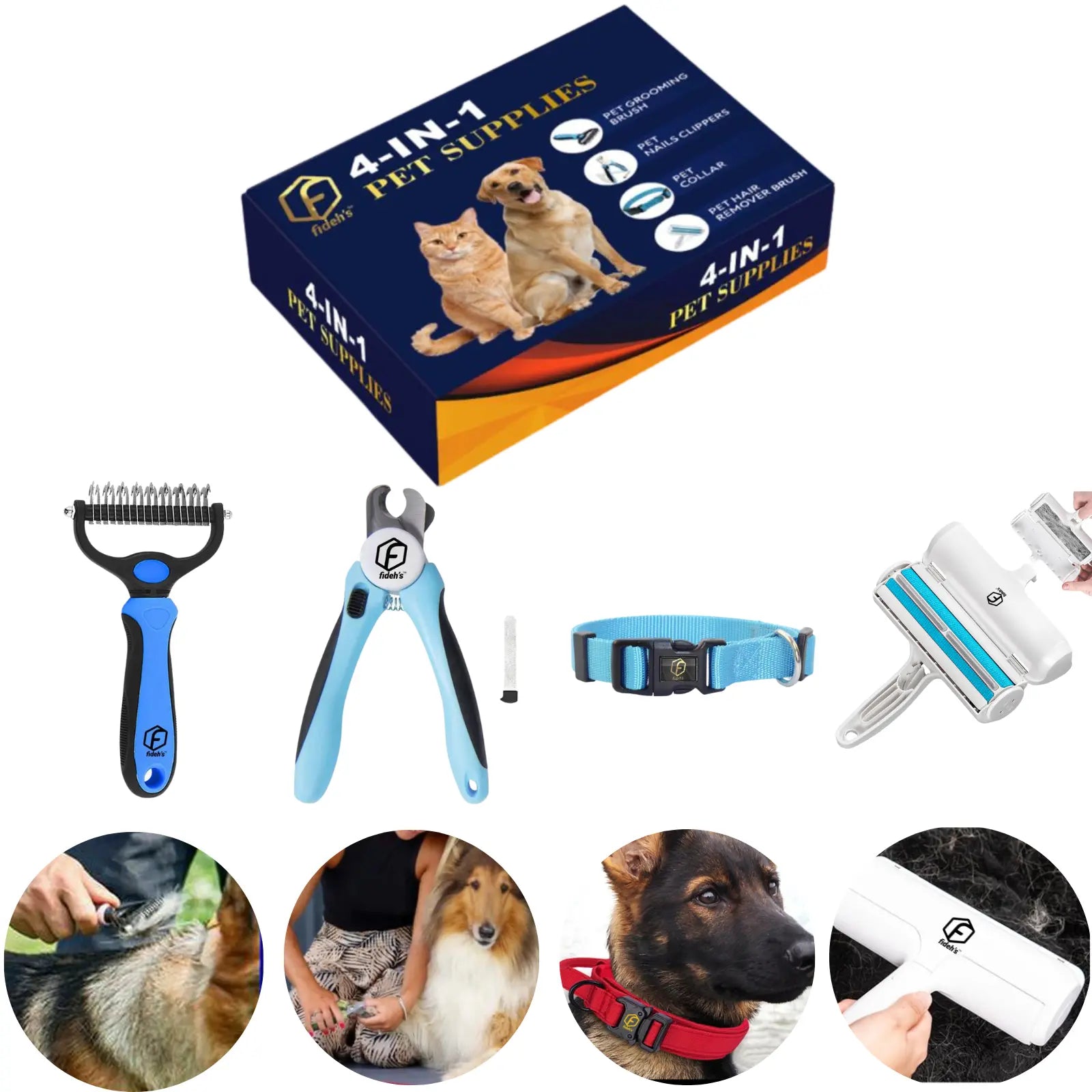 FIDEH 4-in-1 Pet Care Set: Reusable Cat and Dog Hair Remover Brush, Double-Sided Grooming Brush, Nail Clippers and Trimmers, and Nylon Collar for Medium Dogs (Pink, 4 Pieces)