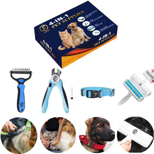FIDEH 4-in-1 Pet Care Set: Reusable Cat and Dog Hair Remover Brush, Double-Sided Grooming Brush, Nail Clippers and Trimmers, and Nylon Collar for Medium Dogs (Pink, 4 Pieces)