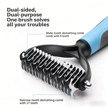 Double-Sided Pet Detangling Comb and Grooming Brush for Dogs and Cats with One-Click Undercoat Rake for Shedding and Mats
