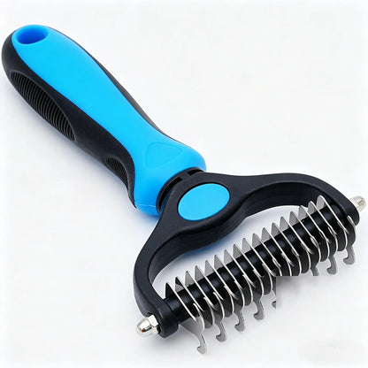 Double-Sided Pet Detangling Comb and Grooming Brush for Dogs and Cats with One-Click Undercoat Rake for Shedding and Mats