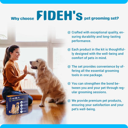 FIDEH 4-in-1 Pet Care Set: Reusable Cat and Dog Hair Remover Brush, Double-Sided Grooming Brush, Nail Clippers and Trimmers, and Nylon Collar for Medium Dogs (Pink, 4 Pieces)