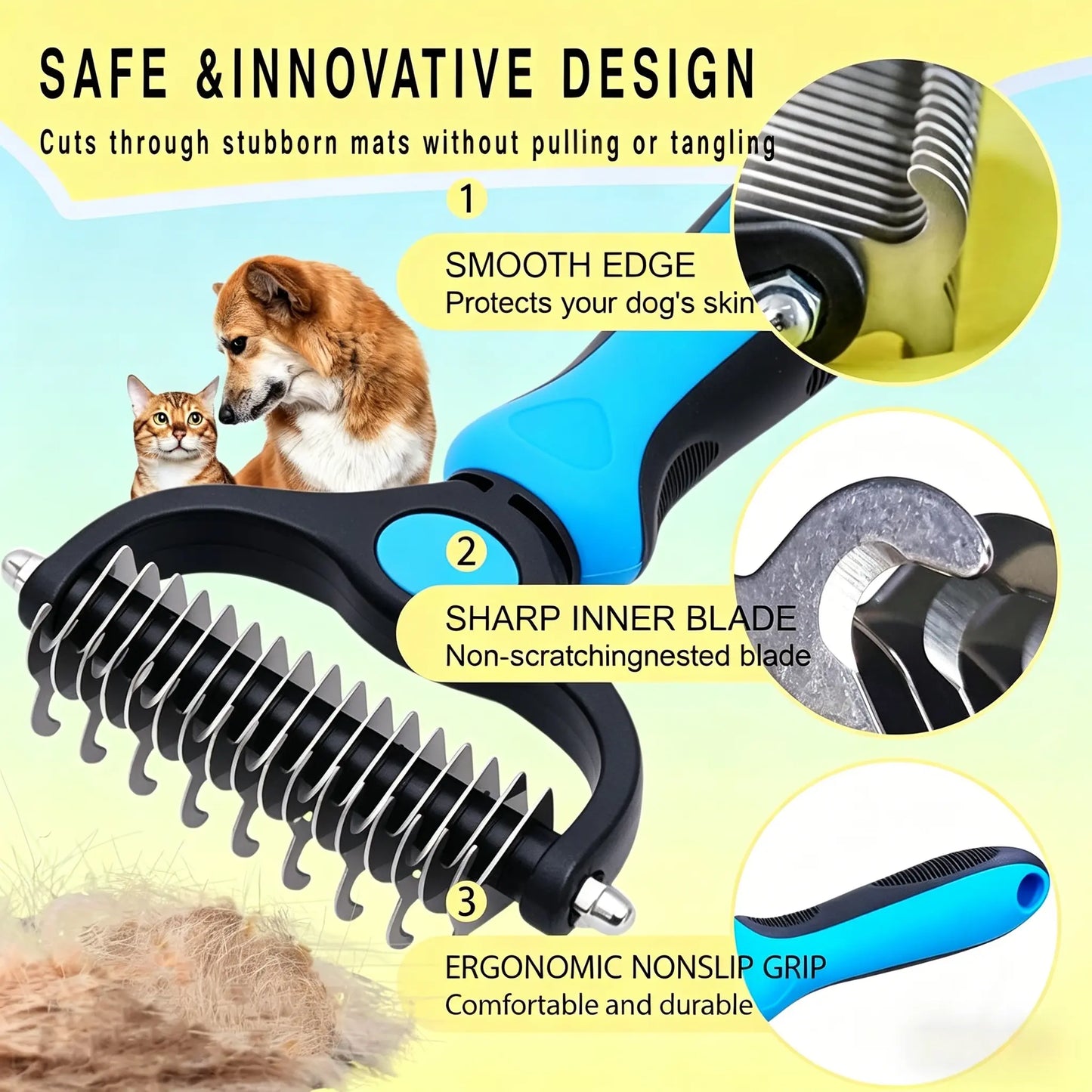 Double-Sided Pet Detangling Comb and Grooming Brush for Dogs and Cats with One-Click Undercoat Rake for Shedding and Mats