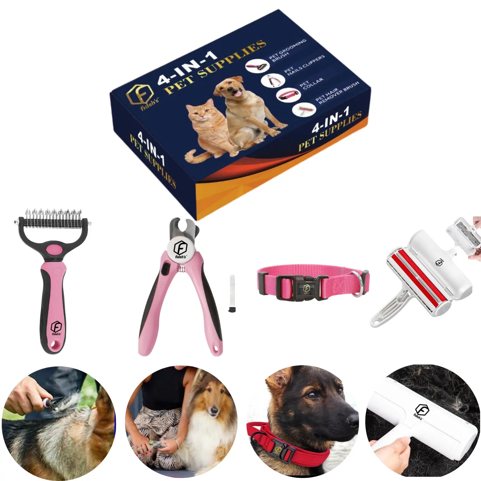 FIDEH 4-in-1 Pet Care Set: Reusable Cat and Dog Hair Remover Brush, Double-Sided Grooming Brush, Nail Clippers and Trimmers, and Nylon Collar for Medium Dogs (Pink, 4 Pieces)