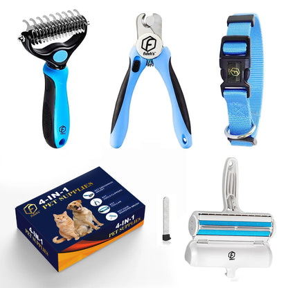 FIDEH 4-in-1 Pet Care Set: Reusable Cat and Dog Hair Remover Brush, Double-Sided Grooming Brush, Nail Clippers and Trimmers, and Nylon Collar for Medium Dogs (Pink, 4 Pieces)